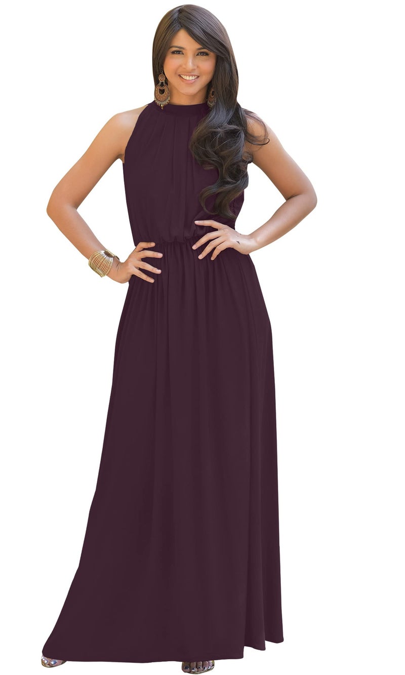 KOH KOH Plus Size Womens Long Sexy Sleeveless Bridesmaid Halter Neck Wedding Party Guest Summer Flowy Casual Brides Formal Evening A-line Gown Gowns Maxi Dress Dresses, Sangria Wine 2XL 18-20 - Image 1